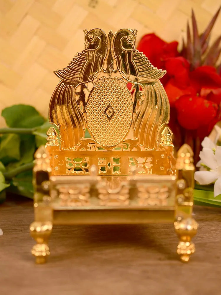 Collectible India Metal Gold Plated ladoo Gopal Singhasan Pooja Chowki mandir Peacock Design
