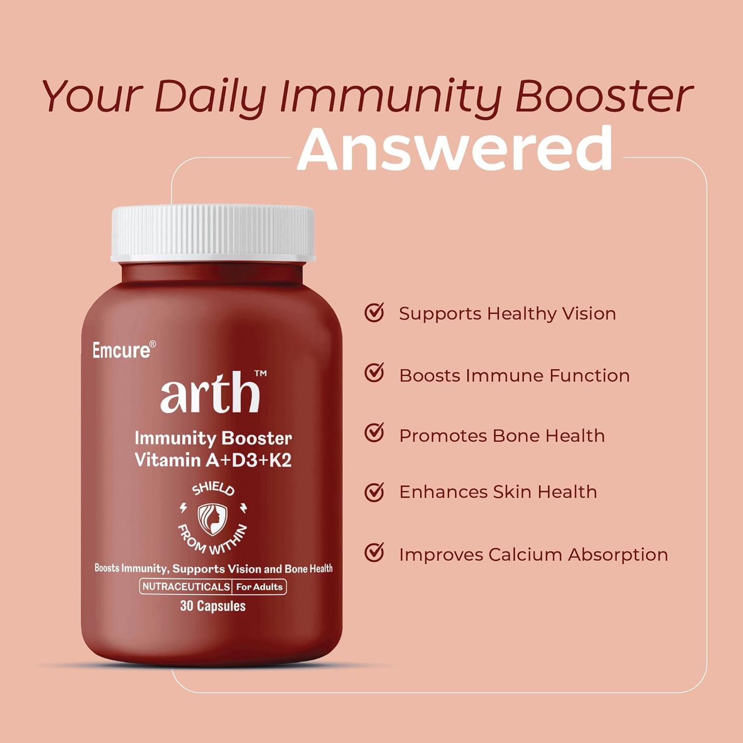 Arth Multivitamin Supplement | With Vitamins A, D3 & K2 | Daily Immunity & Bone Support | Enhances Energy, Skin & Eye Health | Complete Nutrient Balance for Overall Wellness | For Men & Women | 30 Veg Capsules