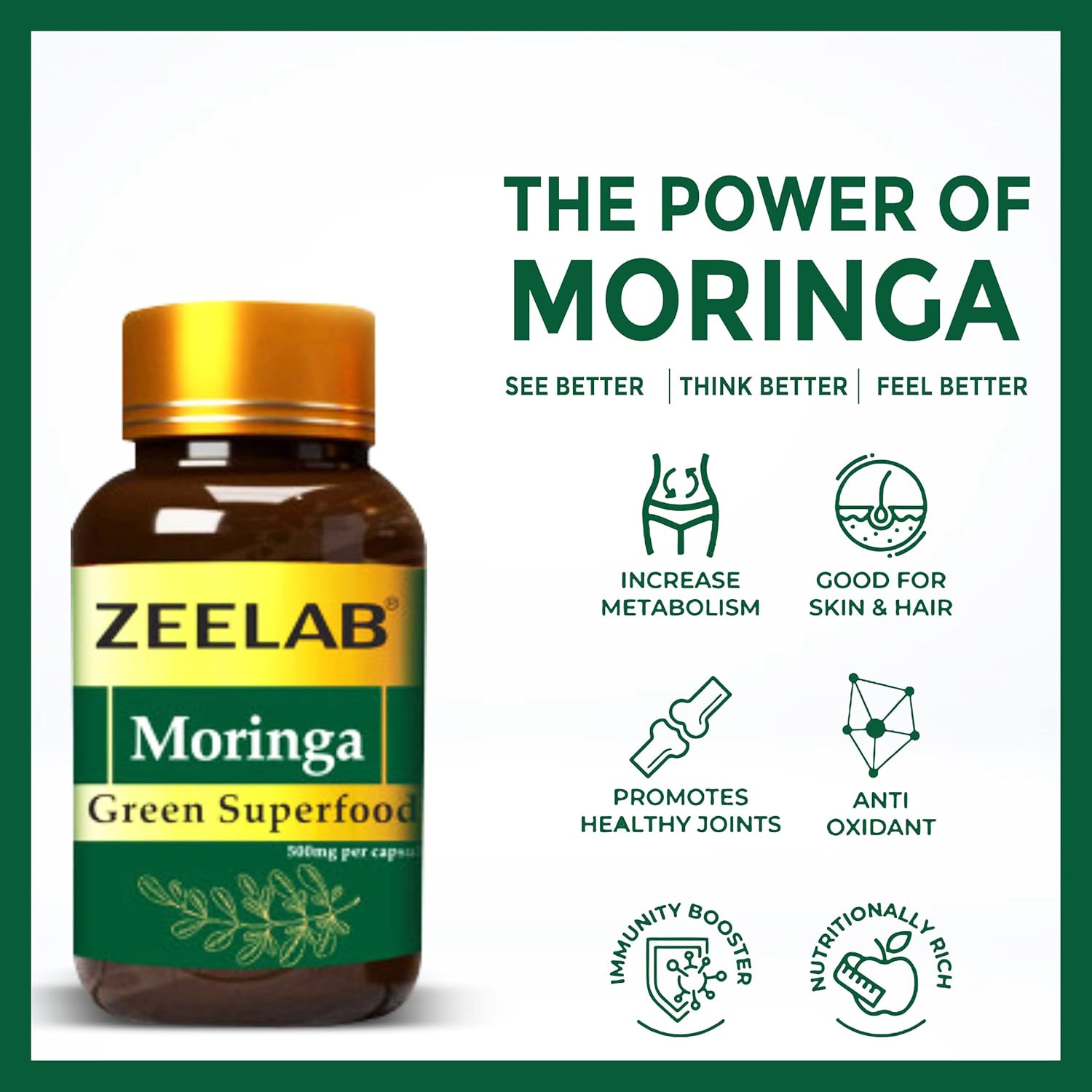 Zeelab Moringa Green Superfood Capsule | Immunity Supplements for Adults | 100% Vegetarian | Organic Moringa Leaf Powder 100 Capsules