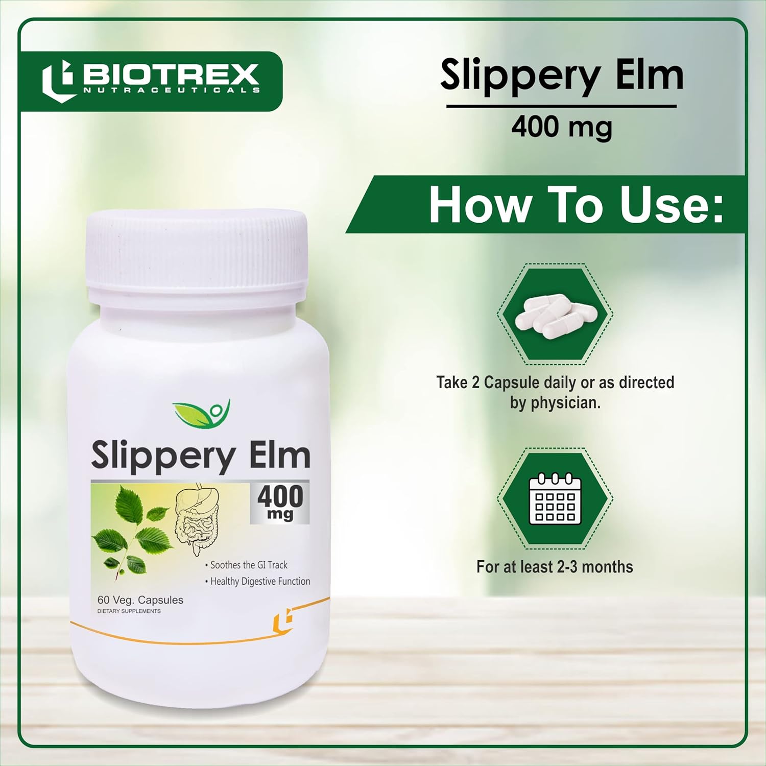 Biotrex Nutraceuticals Slippery Elm 400mg 60 Veg Capsules, Dietary supplement to strengthen Immune System, nutritional supplement, multivitamins, vitamin for men, women and adults, health supplements
