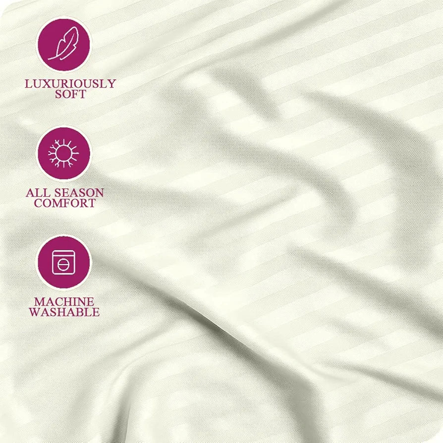 Trance Home Linen 100% Cotton 78X72 Inch King Fitted 200Tc Satin Stripe Elastic Fitted Bedsheet With 2 Pillow Covers Colour Light Ivory Cream