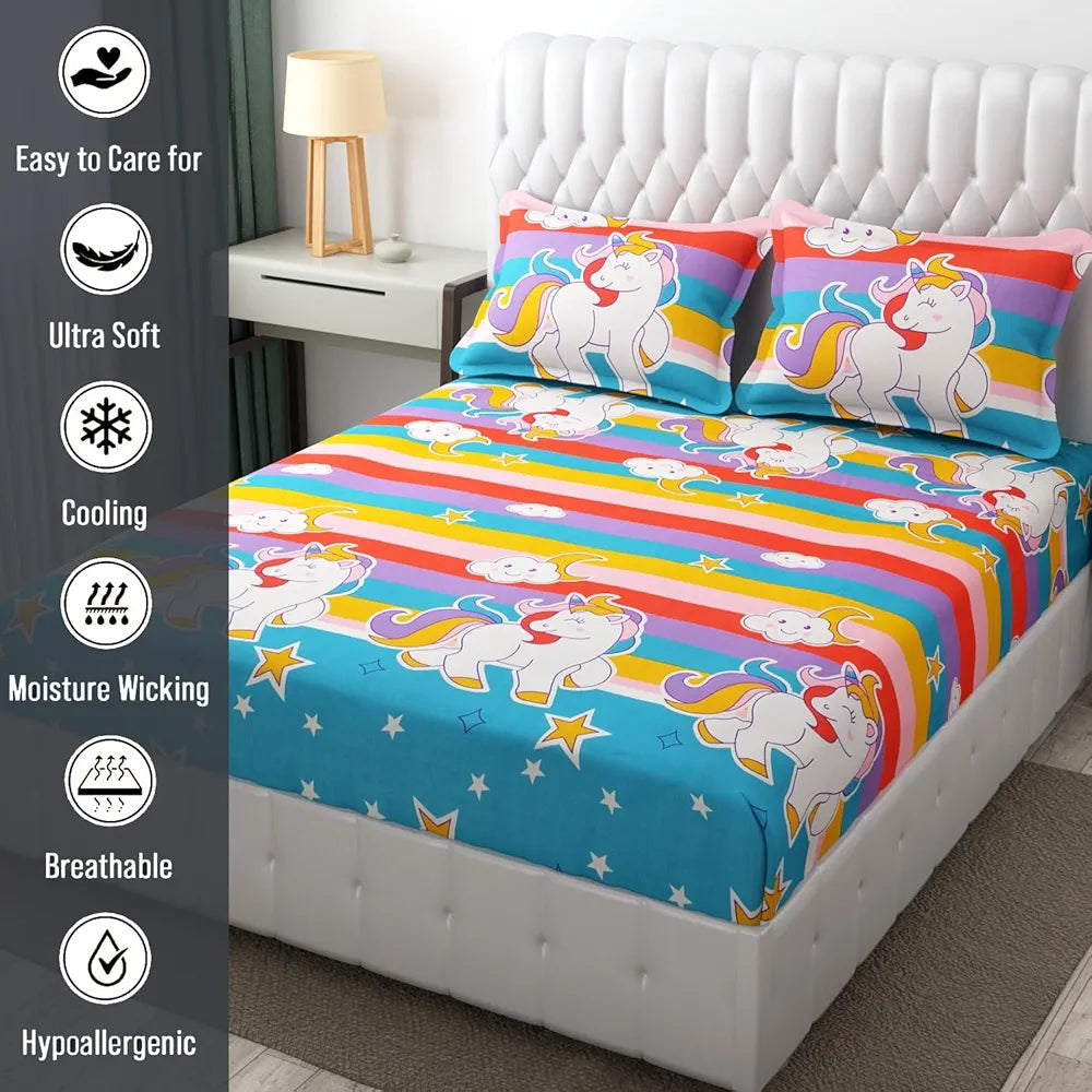 Fresh From Loom Cartoon 300 TC Wrinkle Free Glace Cotton Elastic Fitted Bedsheet for Kids with Two Pillow Cover Queen Unicorn Multicolor