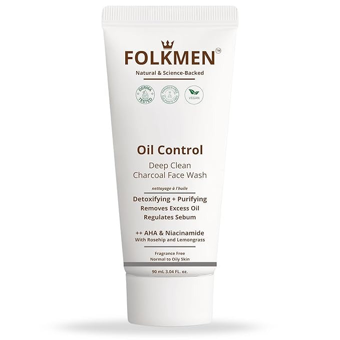 FolkMen Oil Control Deep Clean Charcoal Face Wash for Men - 90 ml