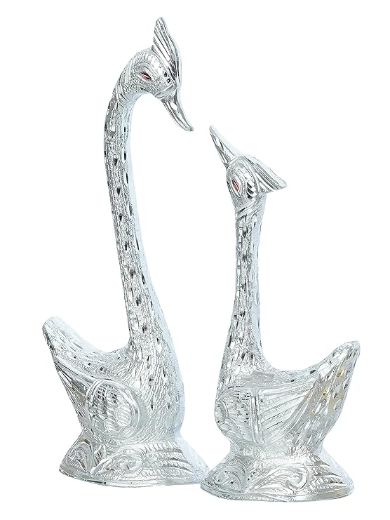 Ecraftindia 12 Inch Silver Kissing Swan Couple Handcrafted Decorative Figurine