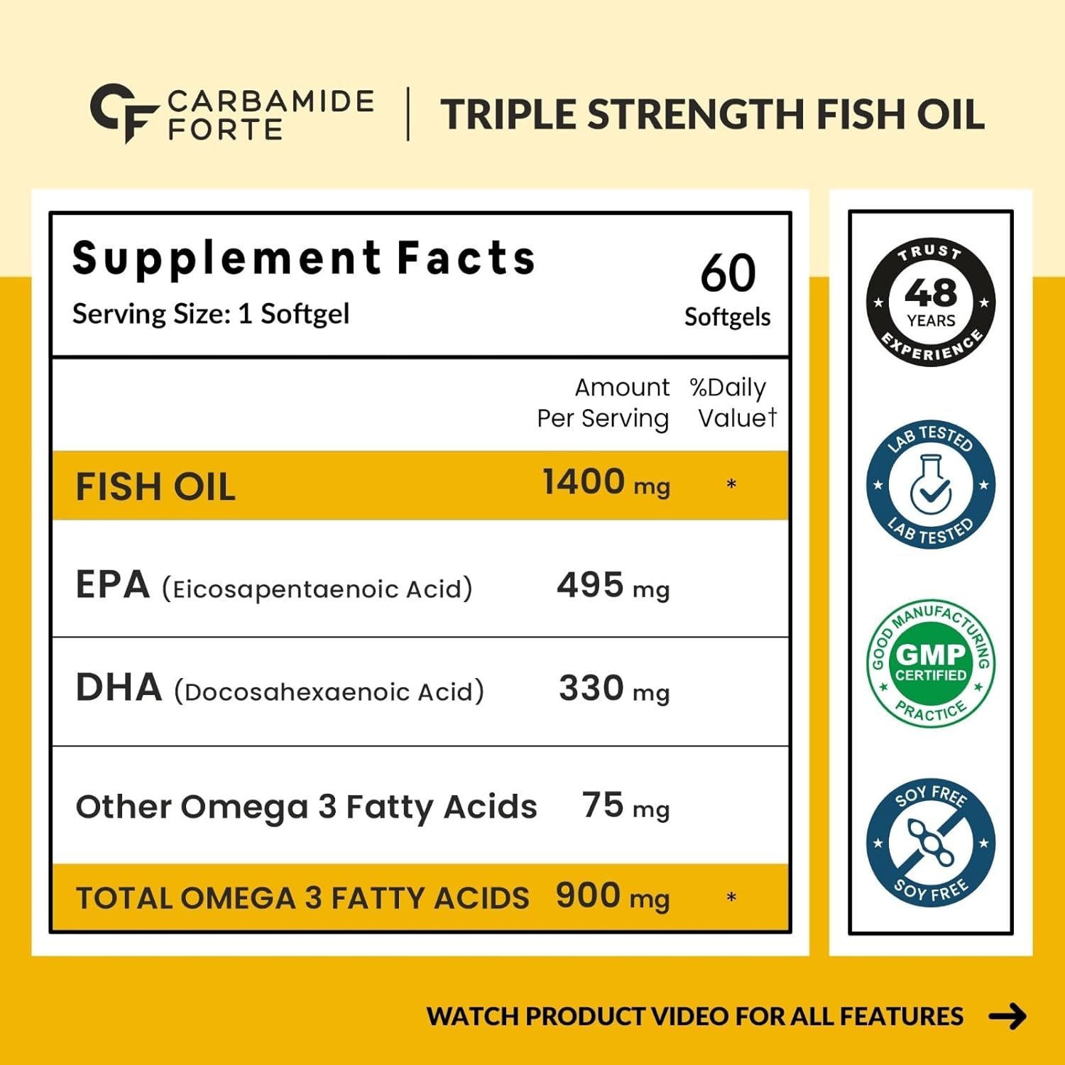Carbamide Forte Triple Strength Fish Oil 1400mg with Omega 3 900mg for Men & Women - 60 Softgel Capsules