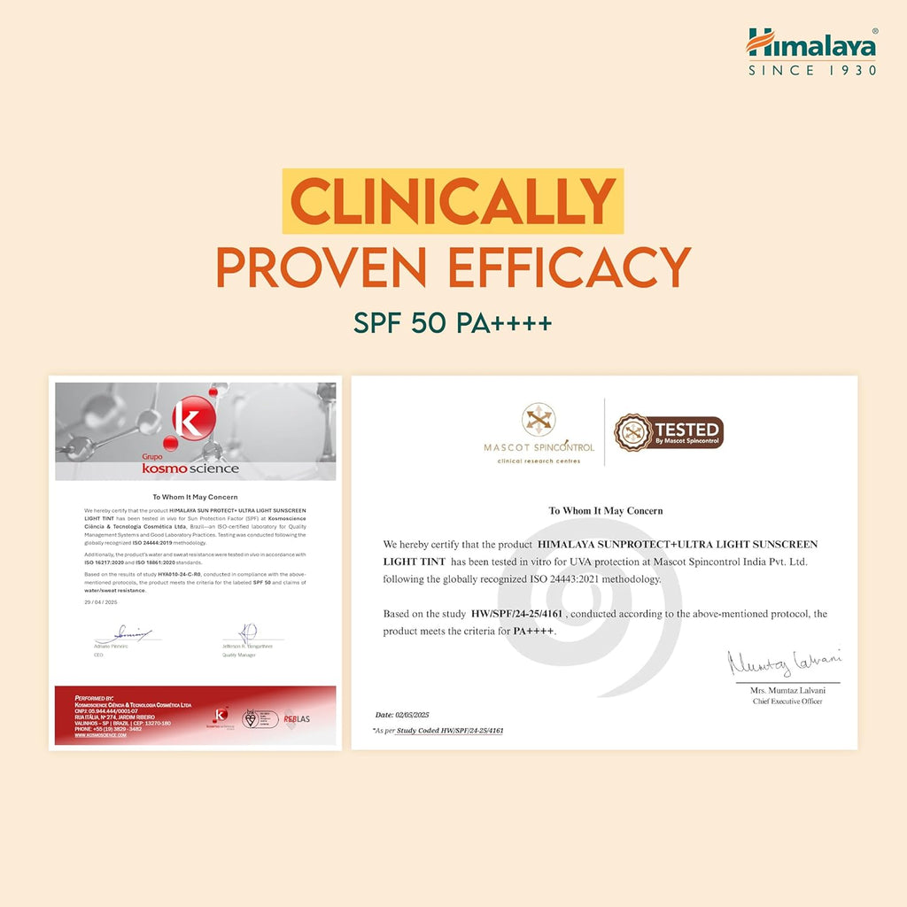 Himalaya Sun Protect+ Ultra Light Sunscreen | 90% Natural Origin Ingredients | In vivo tested SPF 50 PA++++ | Dermatologically tested for all skin types | No white cast | Sweat Resistant | 30g