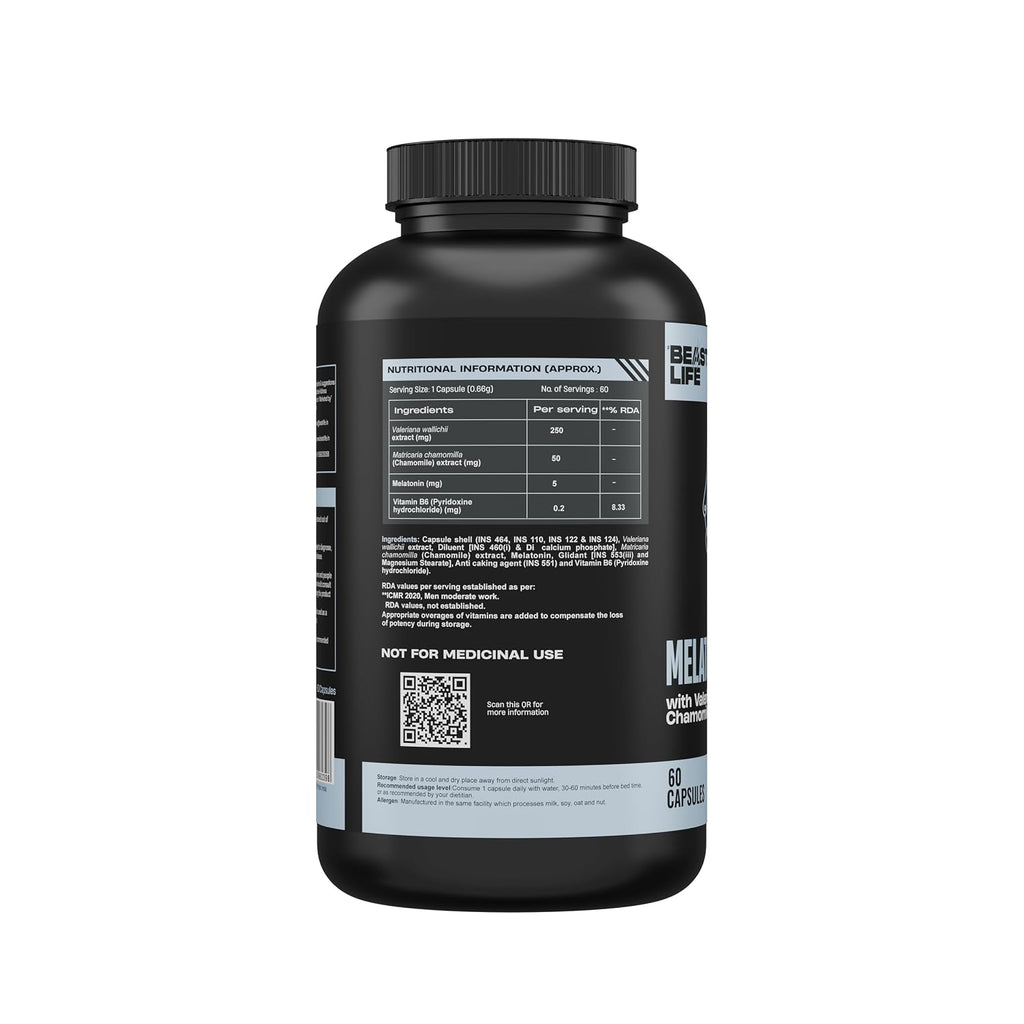 BeastLife Melatonin Plus 5mg Capsules with Valerian, Chamomile & Vitamin B6 | Sleep Support Supplement for Deep Sleep, Natural Sleeping Aid, Non-Habit Forming Night Rest Formula | Relieves Stress & Anxiety | Enhances Relaxation & Focus | 60 Capsules