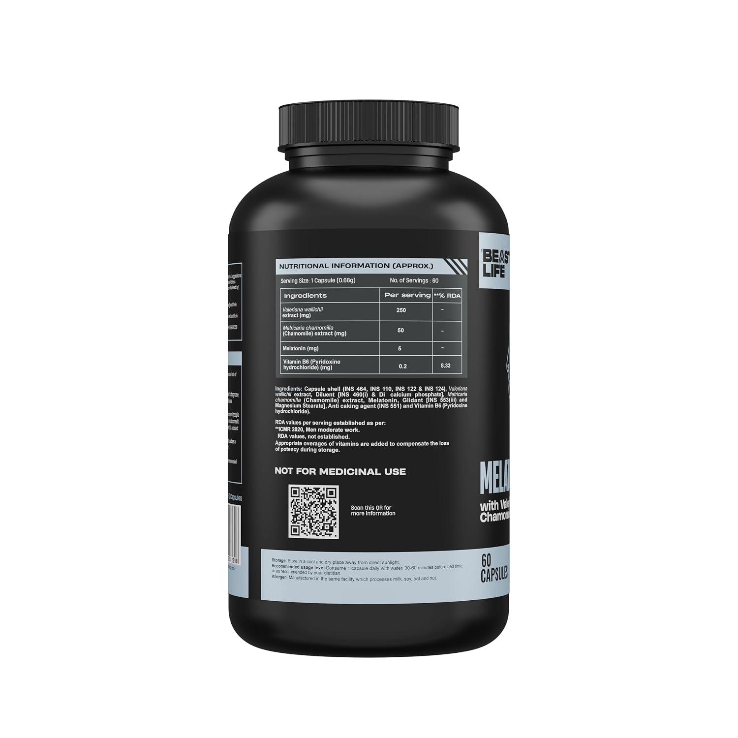 BeastLife Melatonin Plus 5mg Capsules with Valerian, Chamomile & Vitamin B6 | Sleep Support Supplement for Deep Sleep, Natural Sleeping Aid, Non-Habit Forming Night Rest Formula | Relieves Stress & Anxiety | Enhances Relaxation & Focus | 60 Capsules