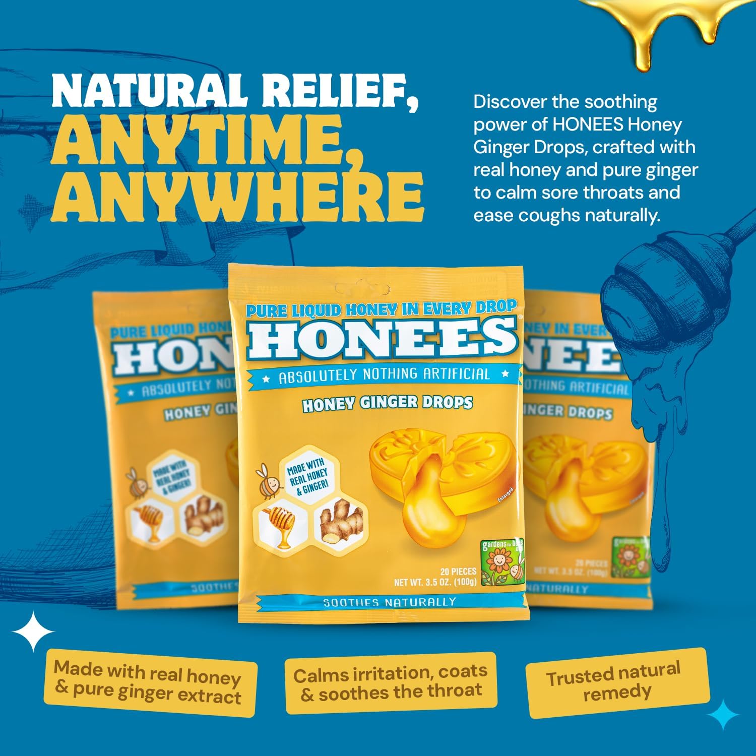 Honees Filled Honey Ginger Drops, Natural Cough Drops- Pure Ginger Sore Throat Relief - Nothing Artificial -Throat Coat Lozenges, Natural Cough Suppressant, Non-GMO, Gluten Free (1 Pack â€“ 20 Drops)