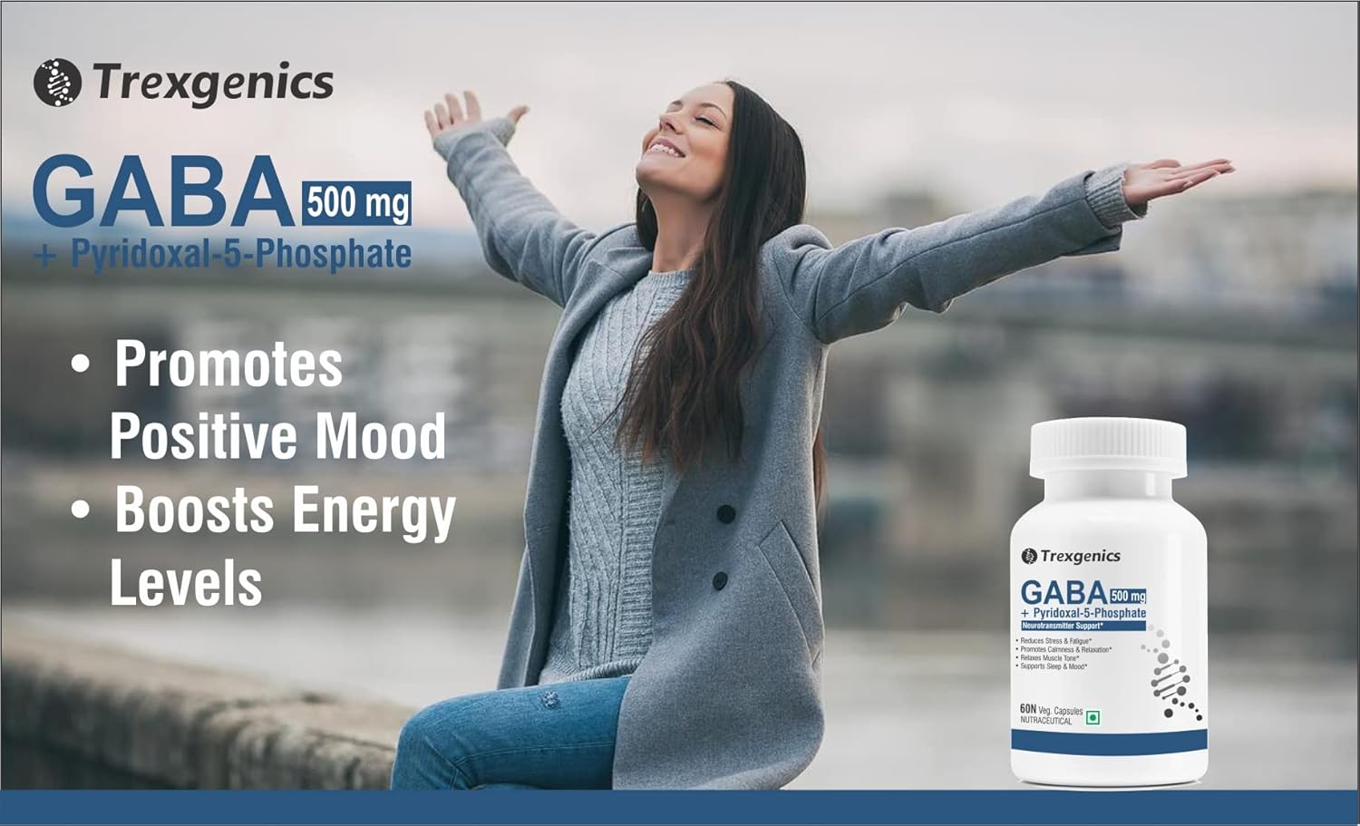 Trexgenics GABA (Gamma aminobutyric aicd) 500 mg, Pyridoxal 5 Phosphate 1 mg, Neurotransmitter, Stress, Sleep Support VEGAN & NON-GMO (60 Veg Capsules) (Pack of 1)