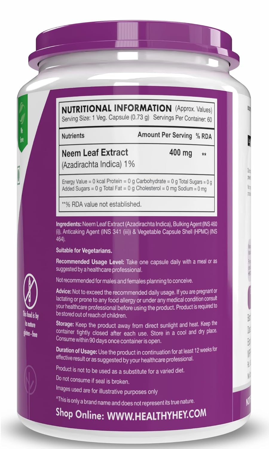 HealthyHey Nutrition Neem Leaf Extract (Indica), 60 Veg. Capsules - Natures Miracle Detoxifying Agent. Promotes Healthy Respiratory, Digestive and Immune System - No GMO. Gluten Free.