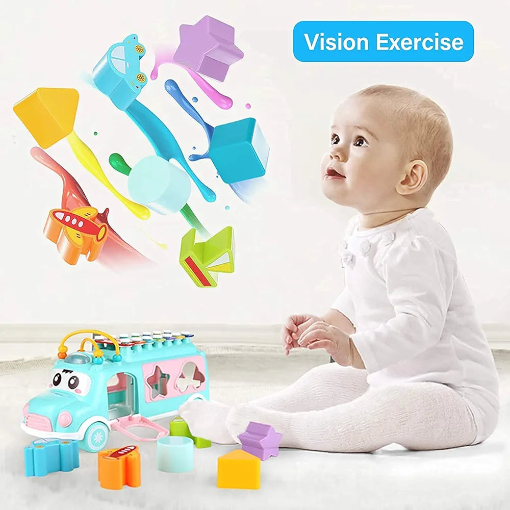 Lefan Plastic Musical Happy Bus Toy Baby Toys 6-18 Months with Xylophone & Shape Sorter Push & Pull Educational and Learning Toys for 1 2 3 4 5 Year Old Gift for Toddlers-Blue