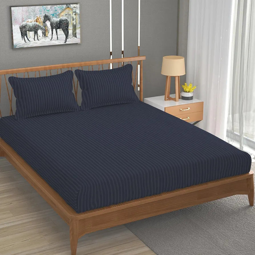 Homefab India 160 TC Stripe Glace Cotton Double BedSheet with 2 Pillow Covers Grey
