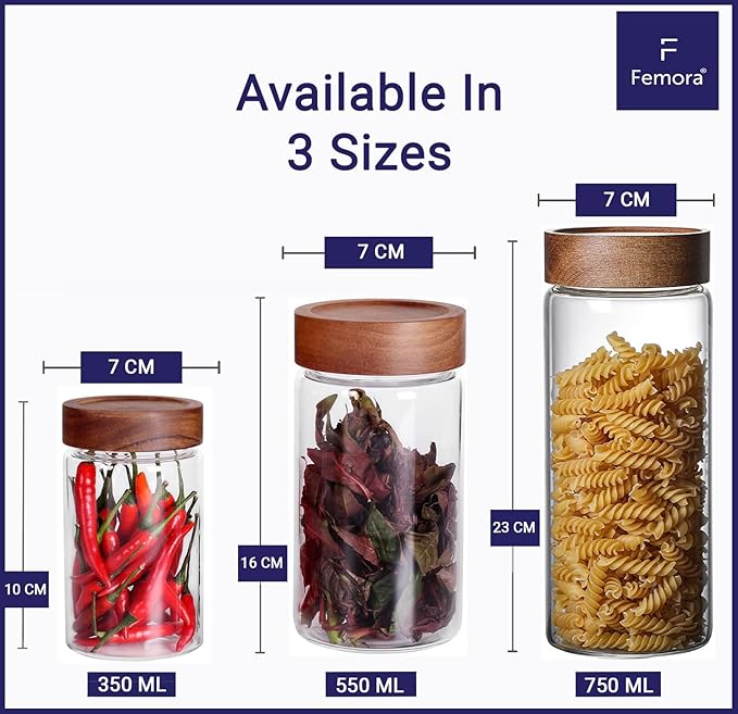 Femora Kitchen Storage Jars Borosilicate Glass With Wooden Lid Air Tight Jar | 350 Ml | Pack of 4 | Transparent