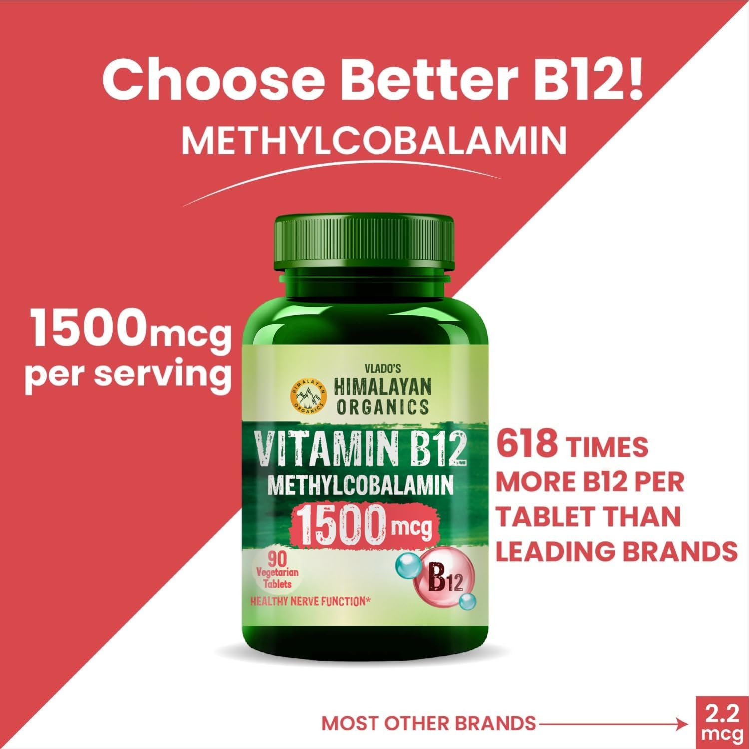 Vlado's Himalayan Organics Methylcobalamin Vitamin B12 1500mcg Supplement for Men & Women - 90 Veg Tablets