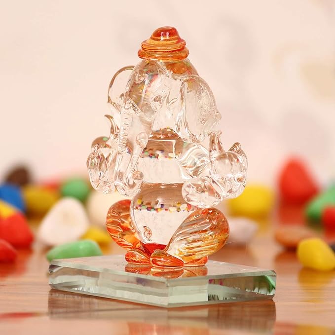 Ecraftindia Orange and Transparent Double Sided Crystal Car Ganesha Showpiece