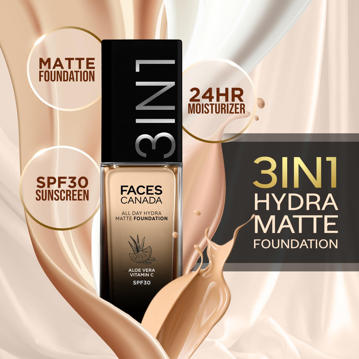 FACES CANADA All Day Hydra Matte Foundation | 3-in-1 Foundation + Moisturizer + SPF 30 | 24 HR Aloe Hydration & Vitamin C | 10HR Long Wear | Medium to High Buildable Coverage | Soft Sand 041 | 25ml