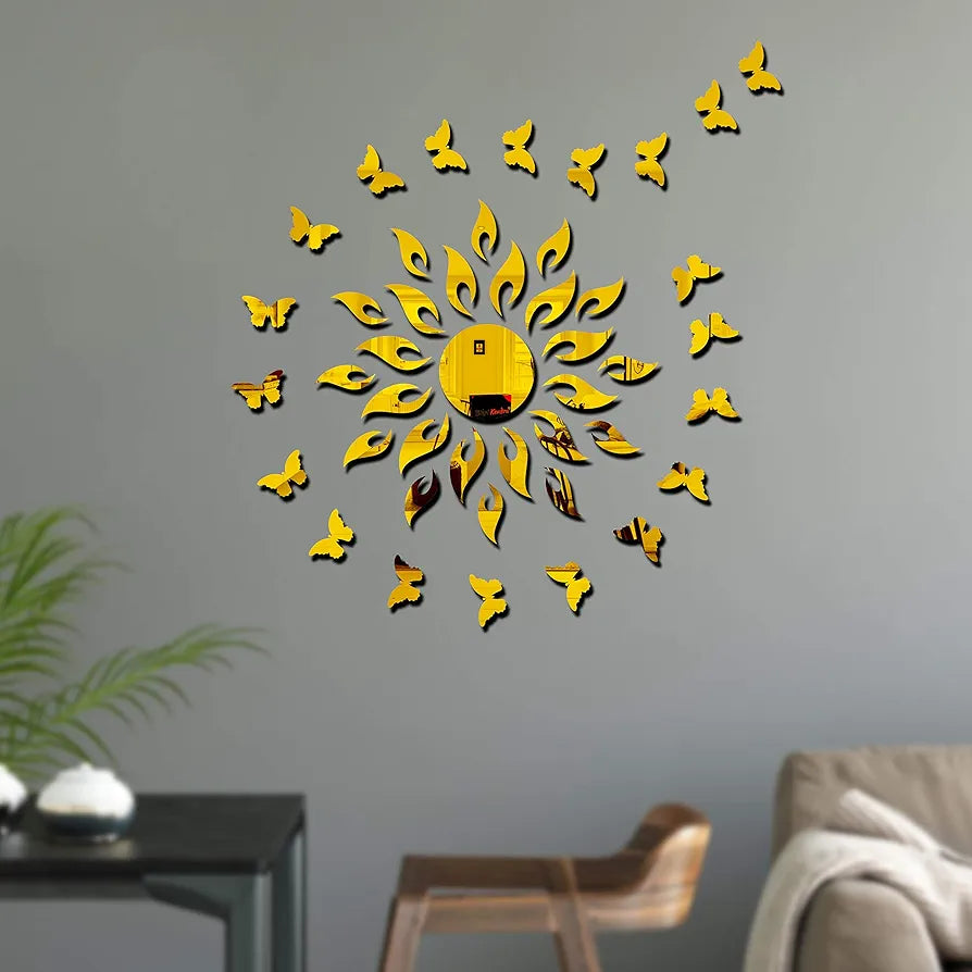 Bikri Kendra Sun Golden with 20 Butterfly Golden Decorative Mirror Stickers for Wall Wall Mirror Stickers 3D Acrylic