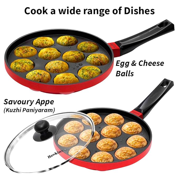 Hawkins Nonstick Appe Pan with Glass Lid, 12 Cups, Diameter Black Cast Aluminium, Red