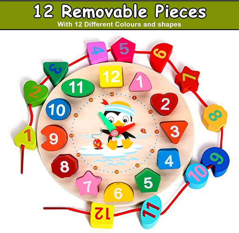 Wishkey Wooden Learning Clock with Bead Lace, Educational Digital Analog Numbers, Shape & Color Learning Montessori Toy for Kids