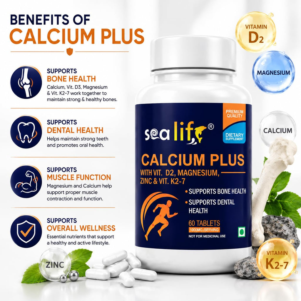 Sea Life Calcium Plus (60 Tablets) With Vitamin D2, k2-7 Magnesium & Zinc | Supports Stronger Bones, Teeth, Immunity & Muscle Health For Women and Men.