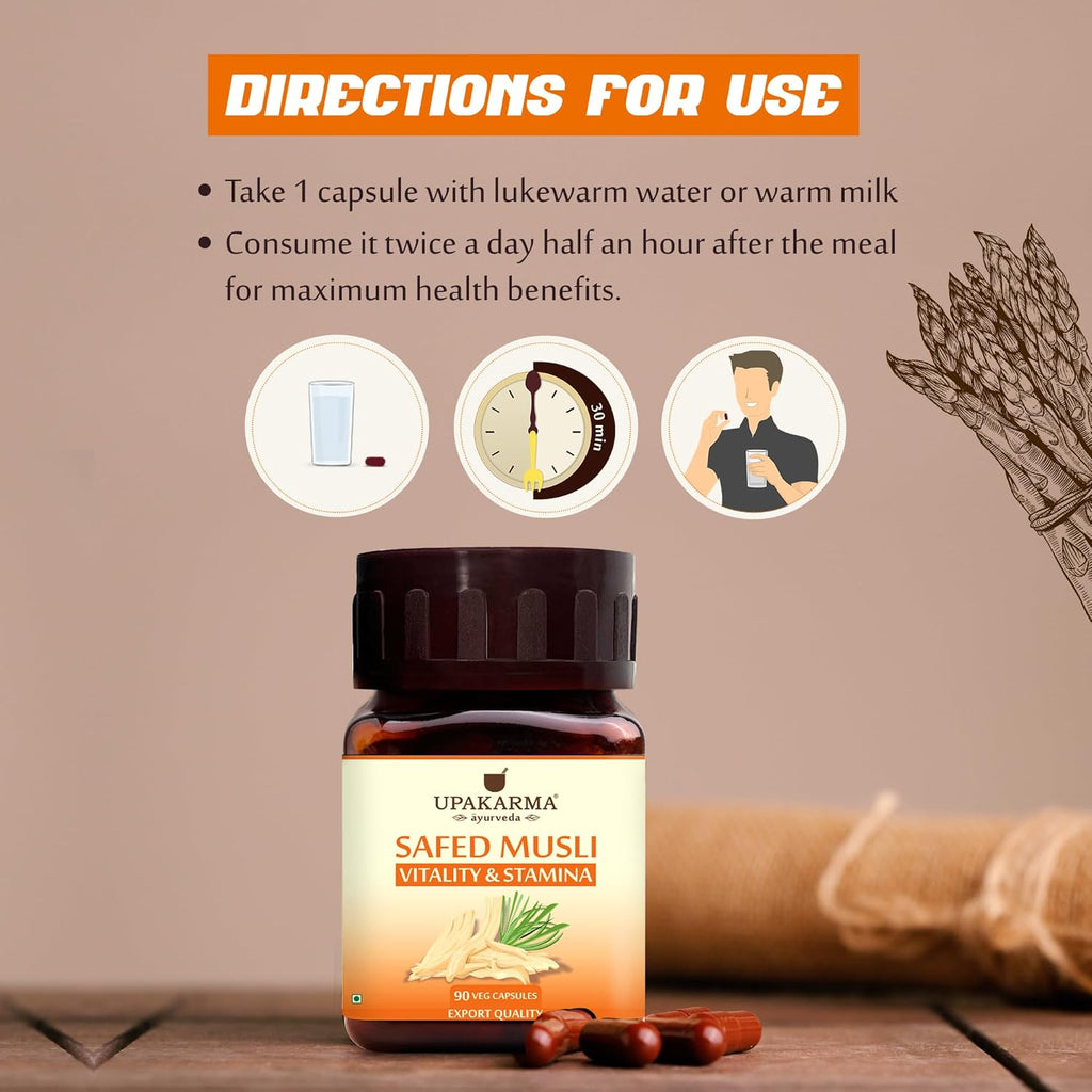 UPAKARMA Safed Musli Capsules (500 mg) | Stamina & Vitality Booster for Men | 90 Veg Capsules - Pack of 1