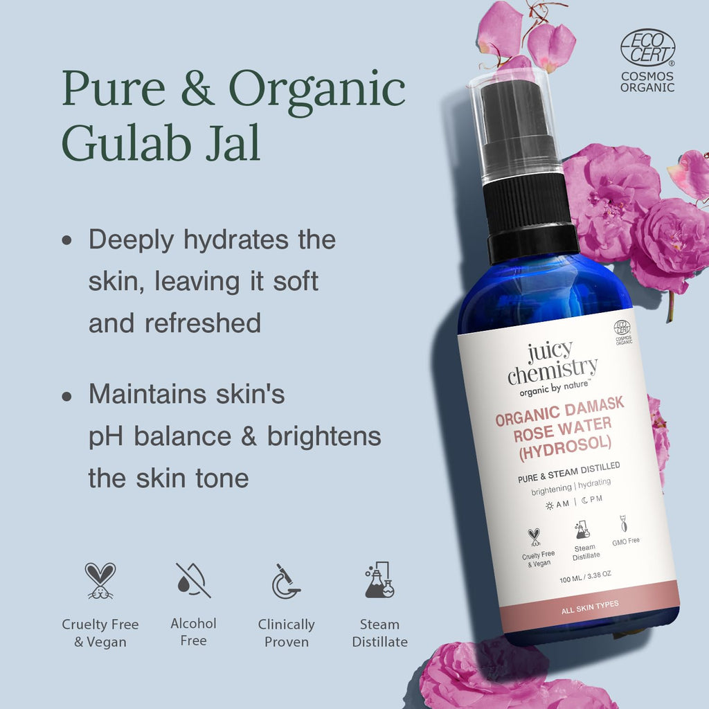Juicy Chemistry Organic Damask Rose Water (Hydrosol), 100 ml | 100% Pure Steam Distilled | Brightens & Promotes Even Skin Tone | Boosts Skin Hydration | Dermatologically Tested | Clinically Proven