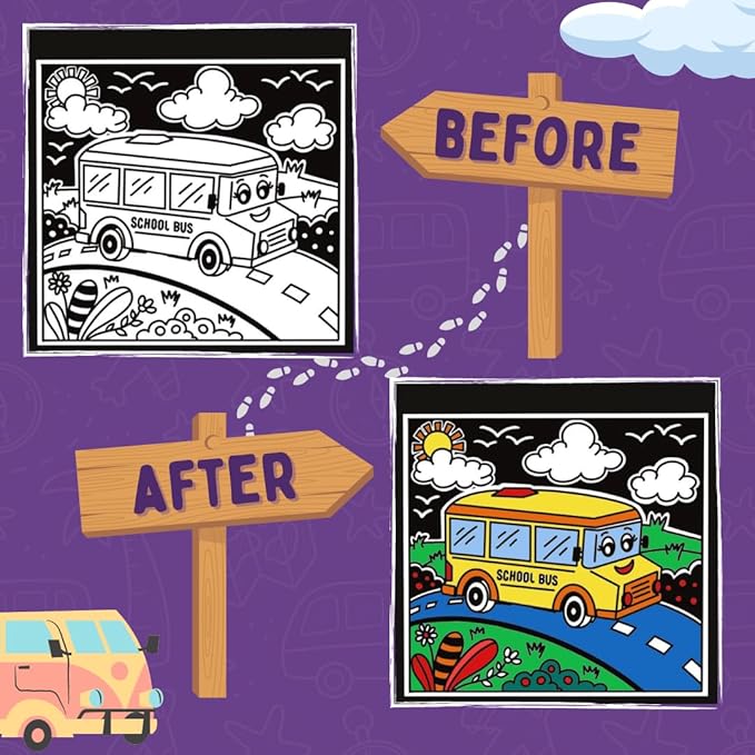 Pepplay Mini Velvet Coloring Card Kit Set of 8 Travel Friendly No Mess Art for Kids Art and Craft Vehicles