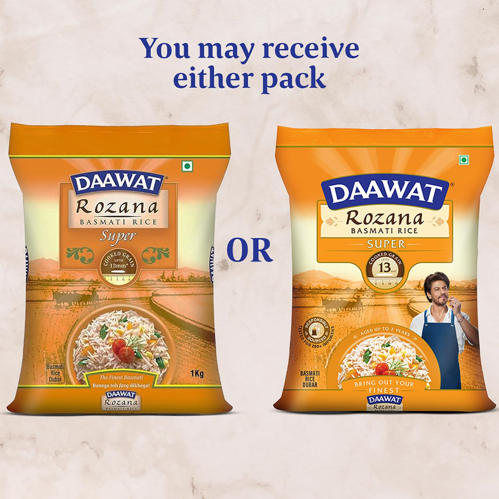 Daawat Rozana Super Basmati Rice 1Kg| For Everyday Consumption| Cooked Grain Upto 13mm*| Naturally Aged