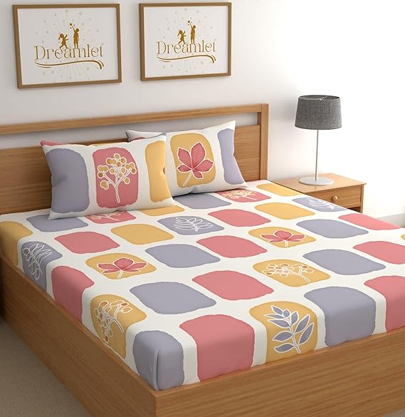 Dreamlet All Around Elastic Supersoft 210tc Premium Cotton Elastic Fitted Bedsheets With 2 King Size Pillow Covers | Yellow and Pink