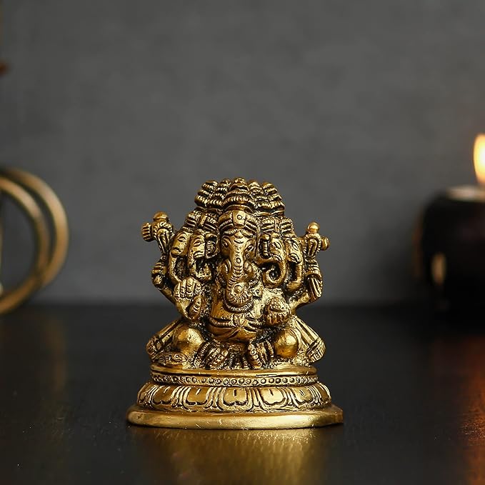 Ecraftindia Handcrafted Golden Brass Panchmukhi Lord Ganesha Idol | Hindu God Idol | Home Decor | Puja Room