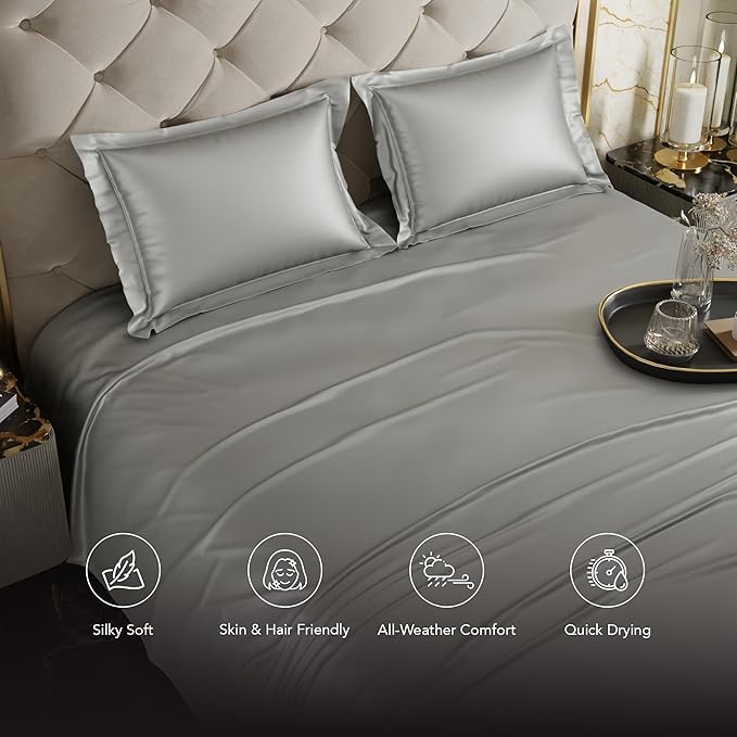 Stoa Paris Satin Bedsheets For Double Bed 300Tc Premium Bedsheet With 2 Pillow Covers Colour Harbour Mist Grey