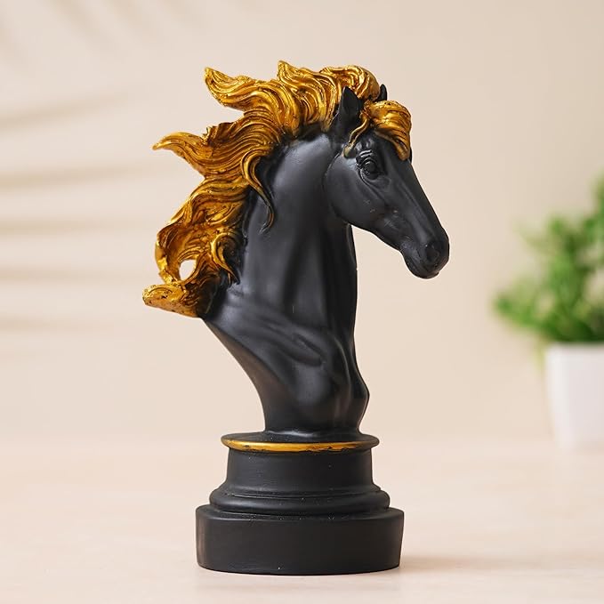 Ecraftindia Polyresin Black & Golden Horse Head Statue Animal Figurine Decorative Showpiece | Ideal Decor and Gift for Horse Lovers