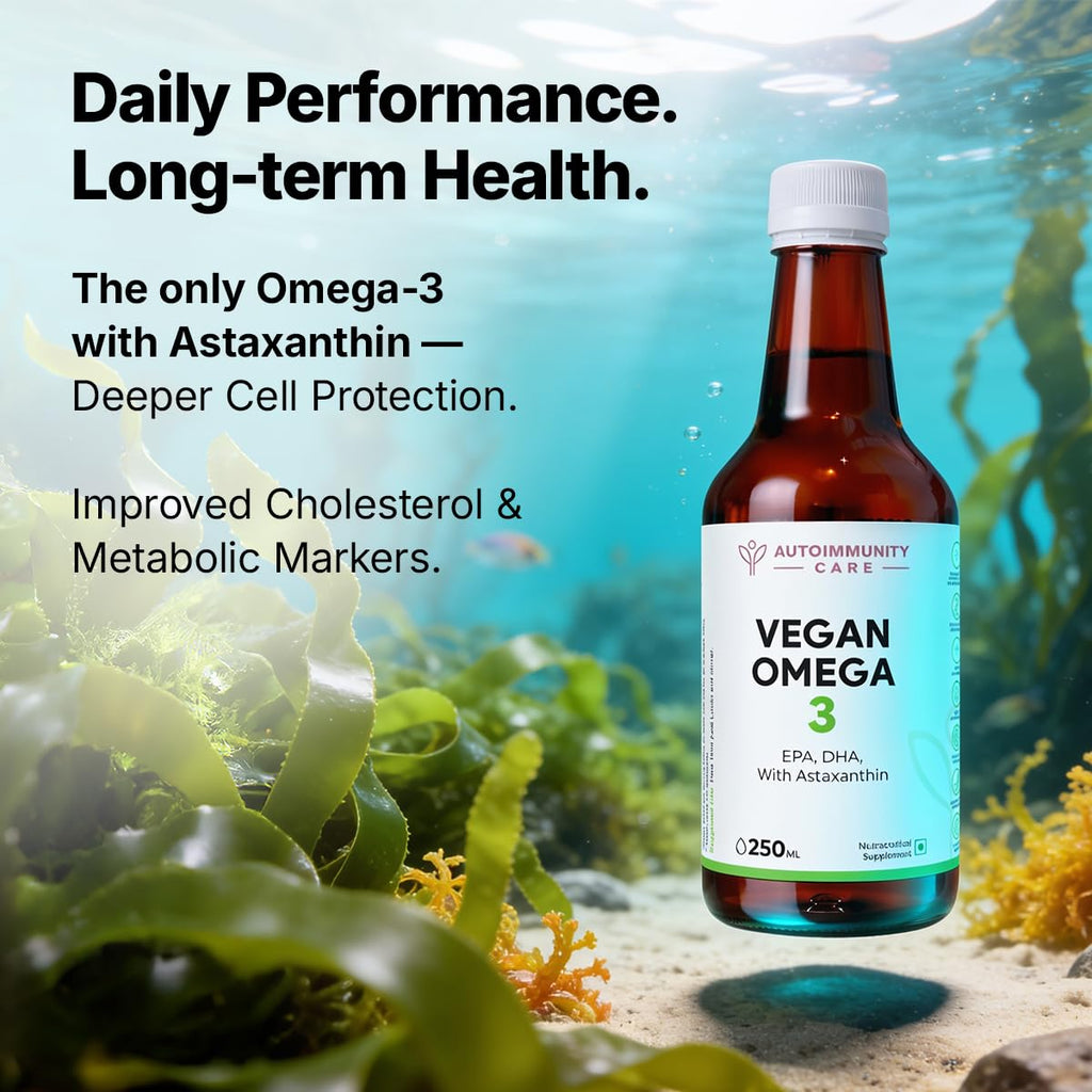 Autoimmunity Care Vegan Omega 3 Oil â€“ Algal Oil Omega-3 with EPA DHA & Astaxanthin | Veg Omega3 Supplement for Heart, Brain, Eyes, Skin & Joints | Better than Fish Oil Omega3 | High EPA DHA | 25 Servings