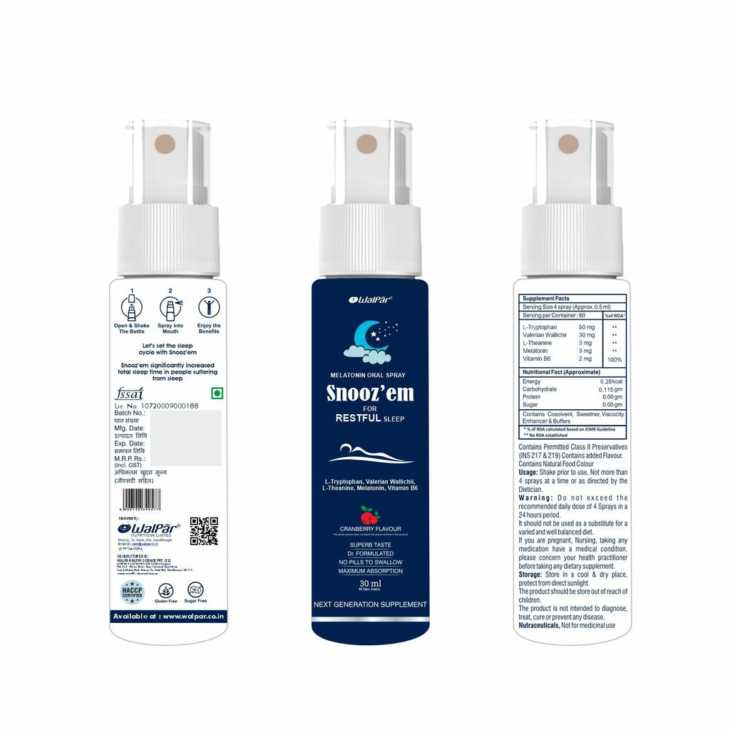 WALPAR Snooz’em Melatonin 3mg Sleep Spray with Vitamin B6 Supplement, Non Habit Sleeping Aid Drops Cranberry Flavour - 30ml