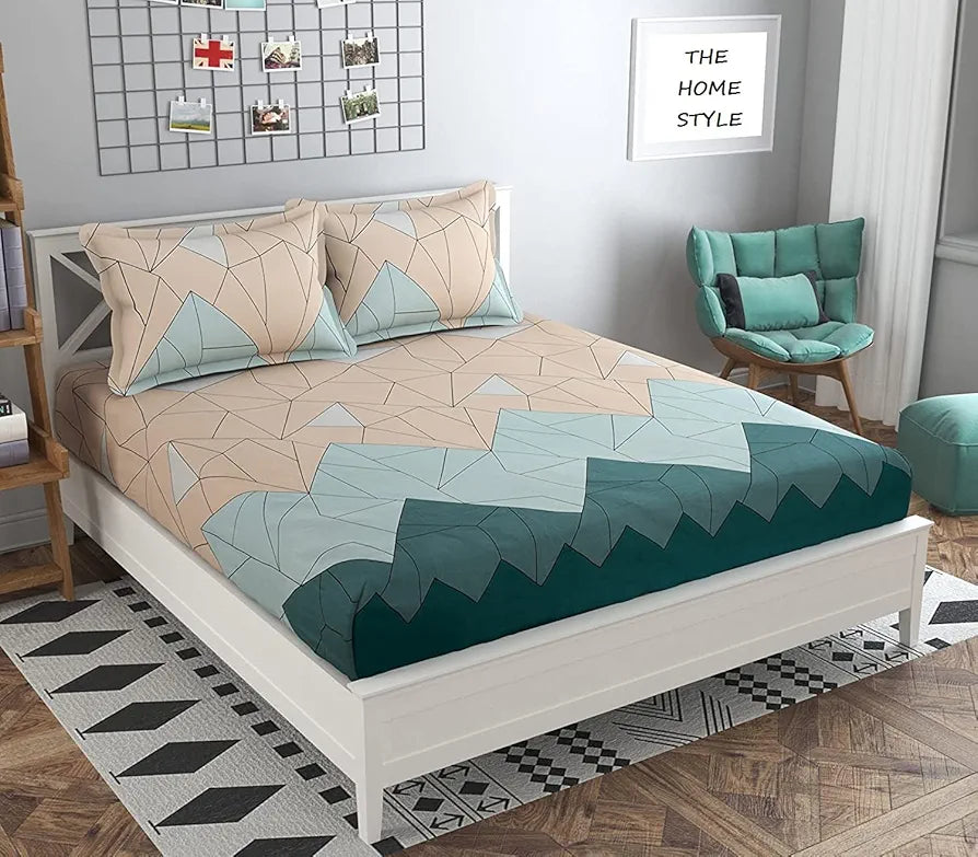 The Home Style Cotton Feel Glace Cotton Printed King Size Double Bed Bedsheet With 2 Pillow Cover 300 TC Pastel Green