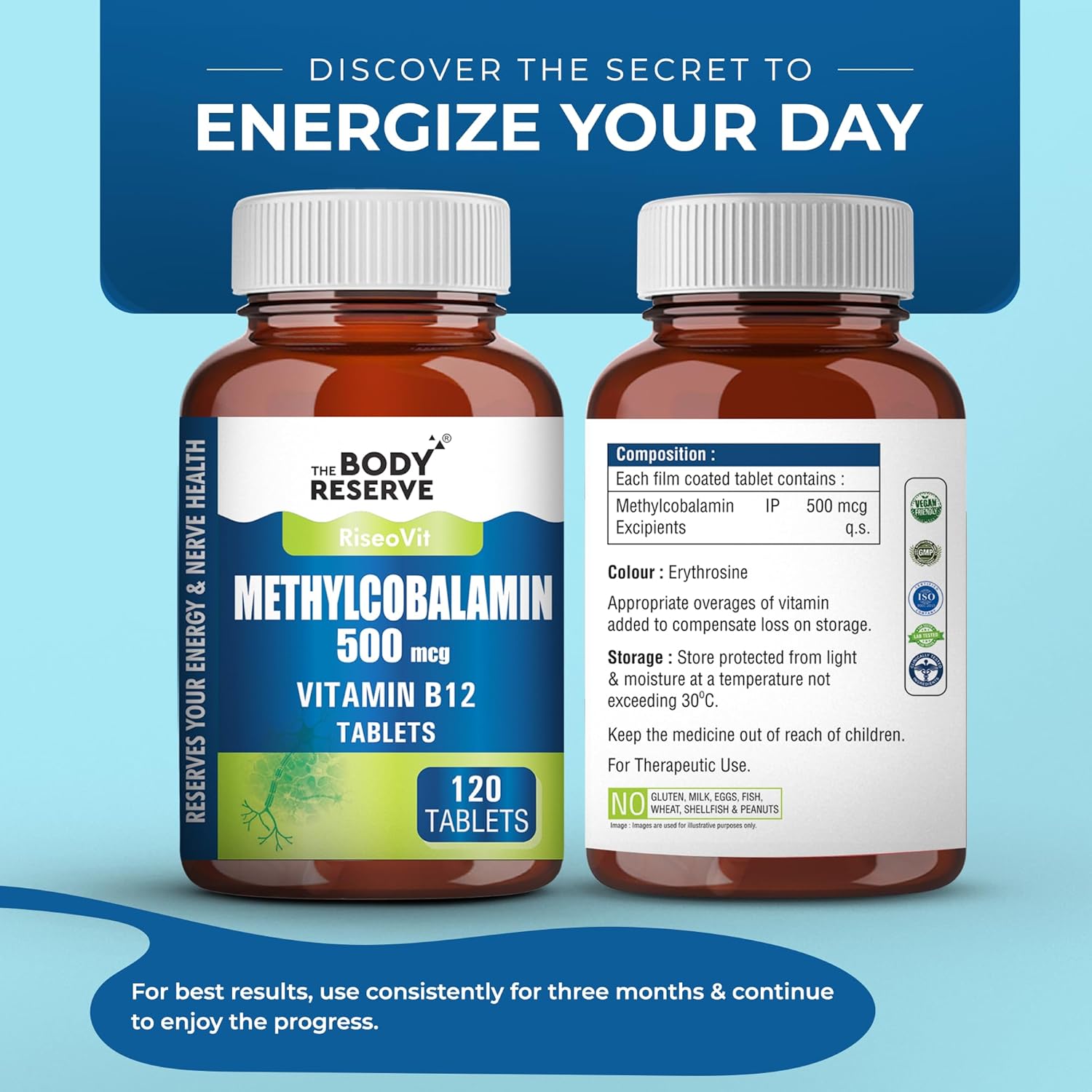 THE BODY RESERVE Vitamin B12 Supplements Methylcobalamin 500 Mcg Tablets | Active For Men & Women 120 Veg (4-Month Supply)