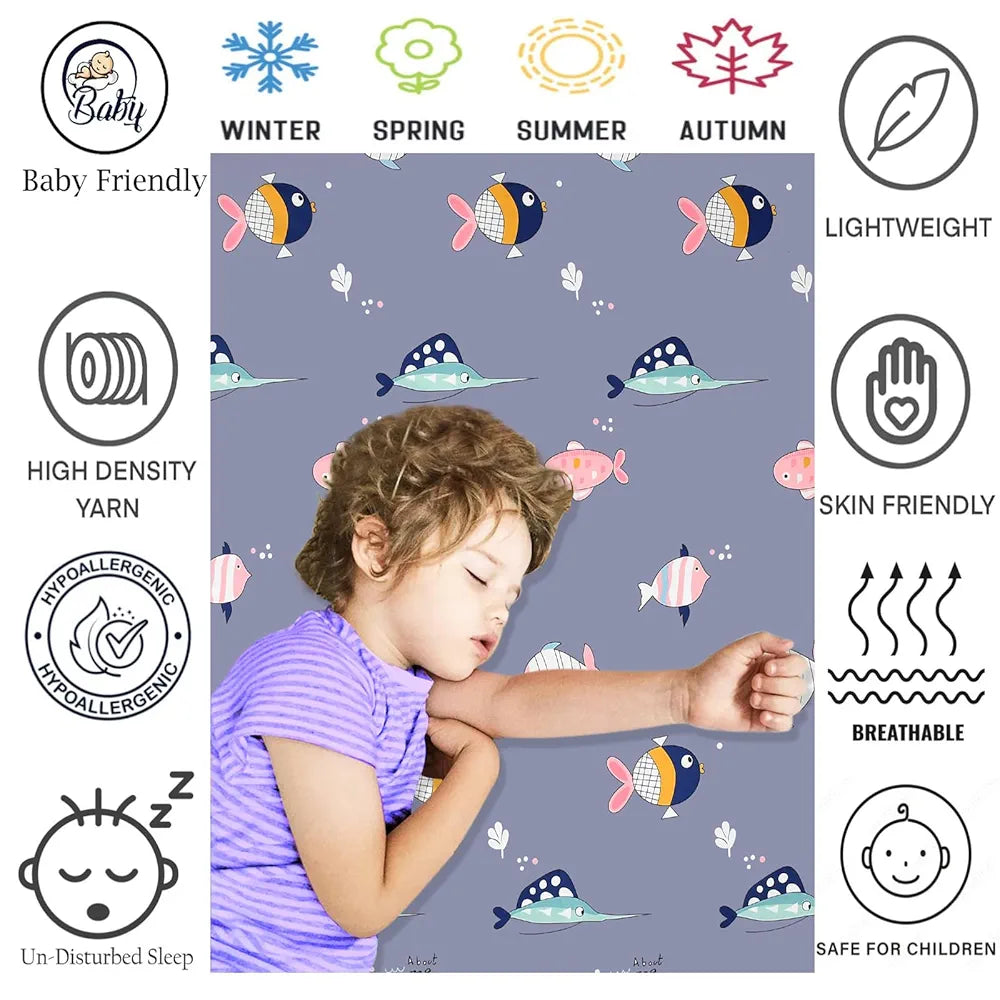 Fresh From Loom Glace Cotton 300 tc Wrinkle Elastic Fitted Cartoon Printed Bedsheets for Kids with 1 Pillow Fish Blue Smallsingle