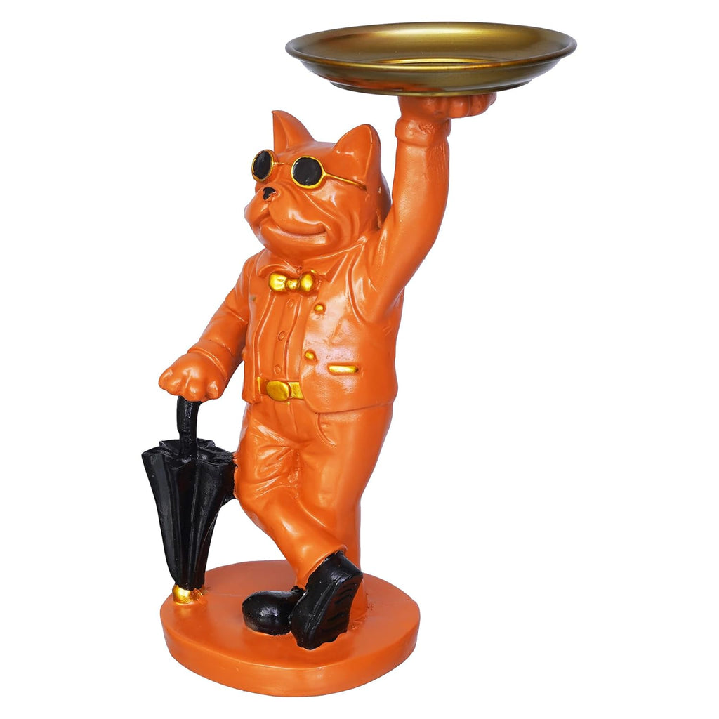 Ecraftindia Orange Bulldog Statue in Glasses Holding Black Umbrella and Tray in Hands Table Top Decorative Showpiece