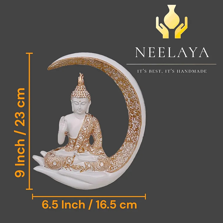 Neelaya Antique Big Meditating Moon Buddha Statue Showpiece Buddha Idol Polyresin Figurine White Gold