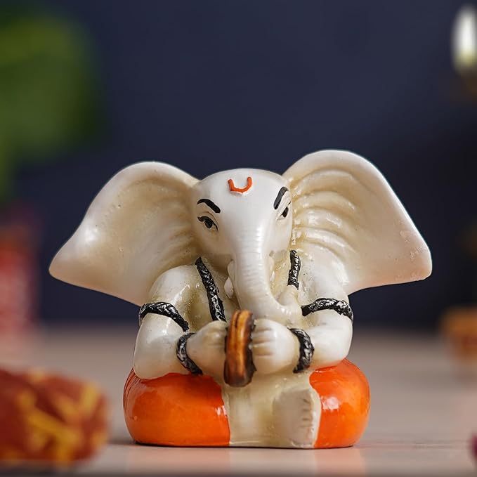 Ecraftindia White & Orange Polyresin Handcrafted Lord Ganesha Idol Playing Cymbals Musical Instrument | Decorative God Statue Ideal
