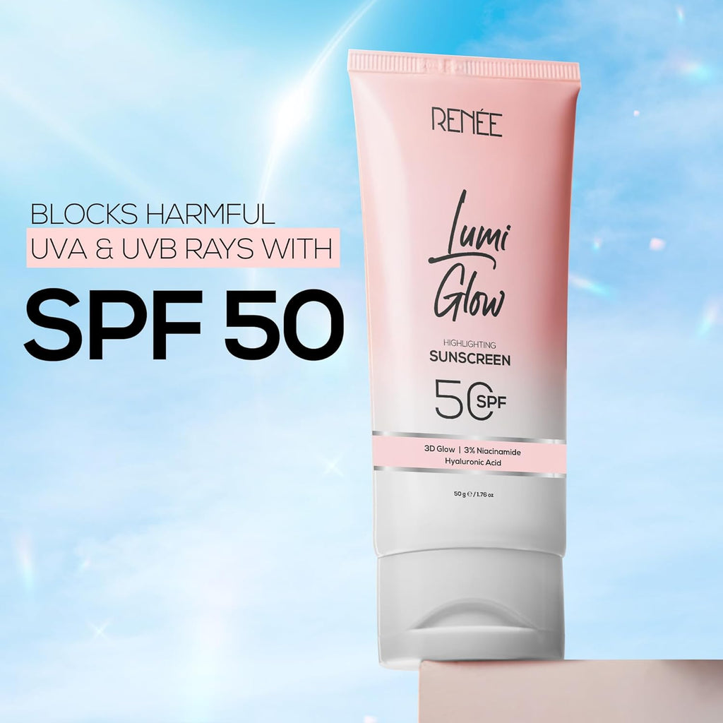 RENEE Lumi Glow Highlighting Sunscreen with SPF 50 | In-Vivo Tested | With Niacinamide & Hyaluronic Acid | Lightweight & Non-Sticky | No White Cast | Protects against UVA-UVB | Radiant Finish | 50g