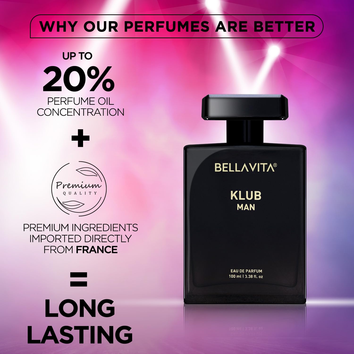 Bella Vita Luxury KLUB | Long Lasting Eau De Parfum 100ml Perfume for Man | Lemon, Rose and Vanilla | Musky, Spicy and Woody Premium Fragrance for Men
