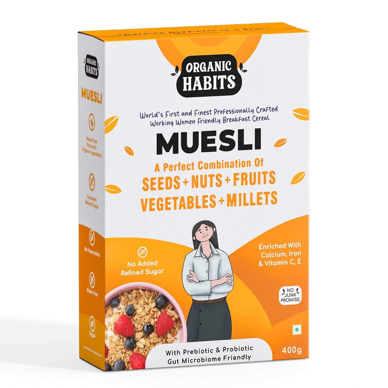 Organic Habits Muesli, Working Women Friendly Breakfast Cereal With Probiotics & Prebiotics - 400 Gms