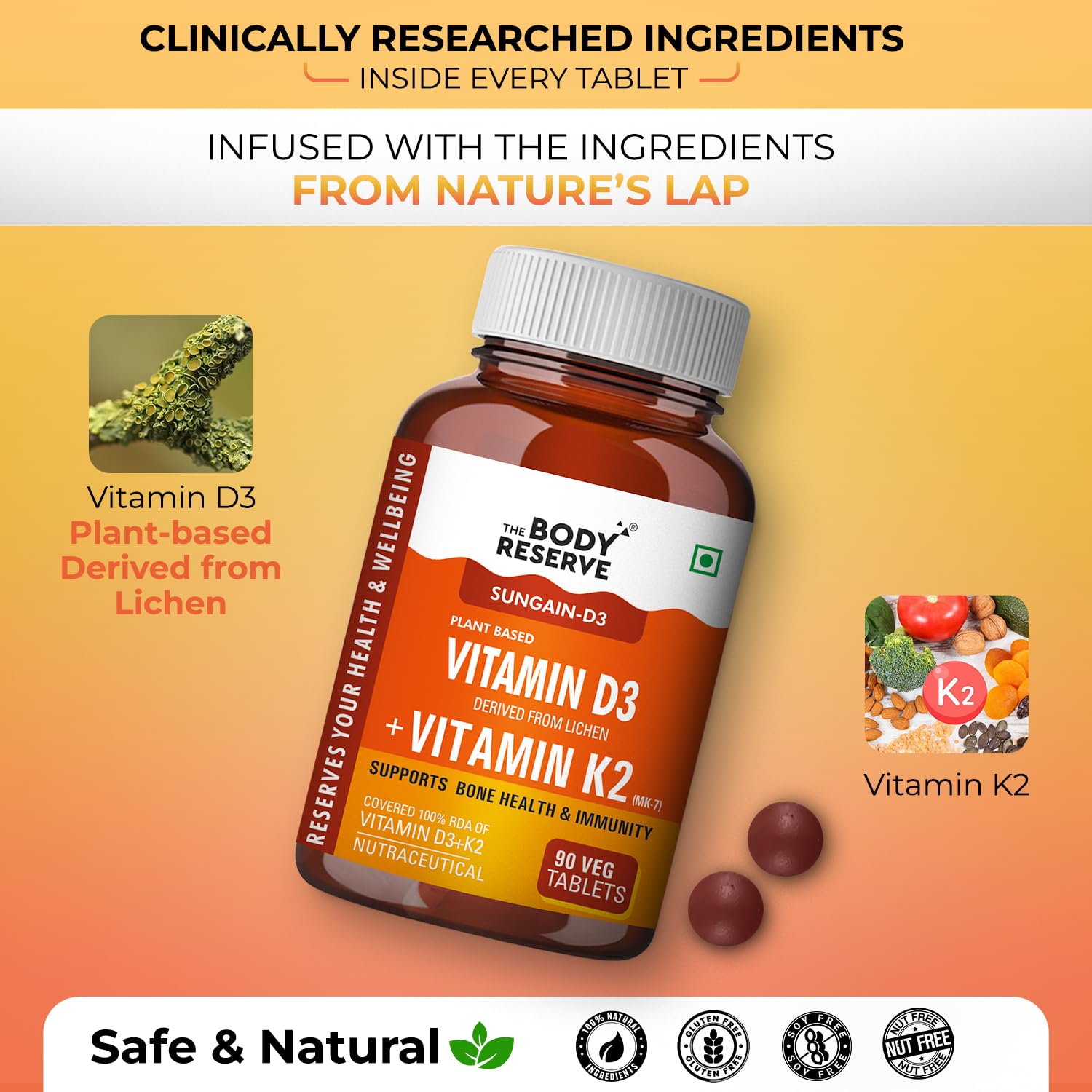 The Body Reserve Vitamin D3 K2 MK7-90 Veg Tablets, 100% RDA Plant-Based Vitamin D3 Supplement from Lichen Source with Vitamin K2 as MK7 Menaquinone