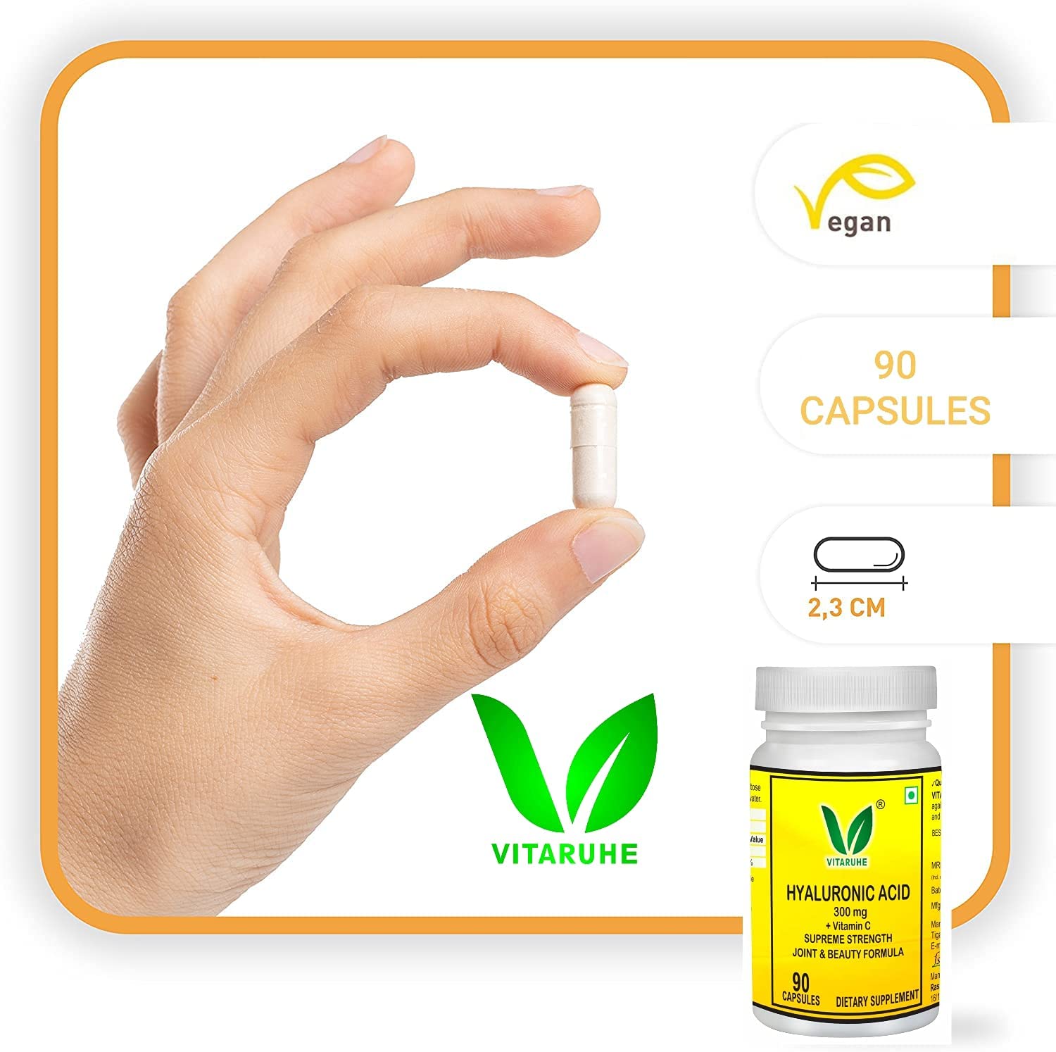 VITARUHE® Hyaluronic Acid Capsules High Dosage, 300 mg Per Capsule, Vegan, Low Molecular 500-700 kDa, 90 Capsules