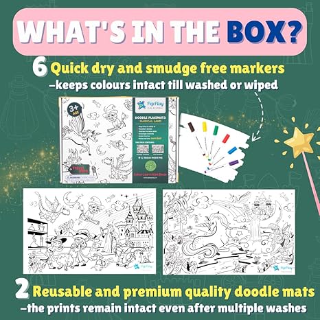 Pepplay Reusable 2 Coloring Placemats Sheet with 6 Erasable Marker Pens Doodle Creative Activity