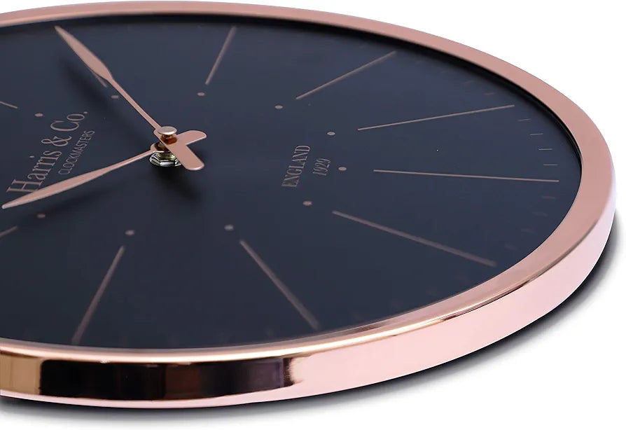 Harris & Co. Clockmasters Premium Luxury Metal Silent Sweep Noiseless Technology Wall Clock - 13 Inch Rosegold
