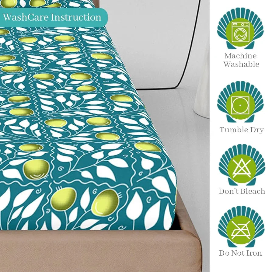 Divine Casa Blue and White Floral Pattern 144 TC 100% Cotton Elastic Fitted Printed Queen Size Double Bed Bedsheet with 2 Pillow Cover Colour Tile Blue
