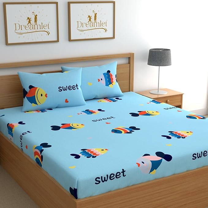 Dreamlet Prime Collections 180tc Pure Cotton Breathable Supersoft Wrinkelfree Double Flat Bedsheet With 2 King Size Pillow Covers | Sky Blue